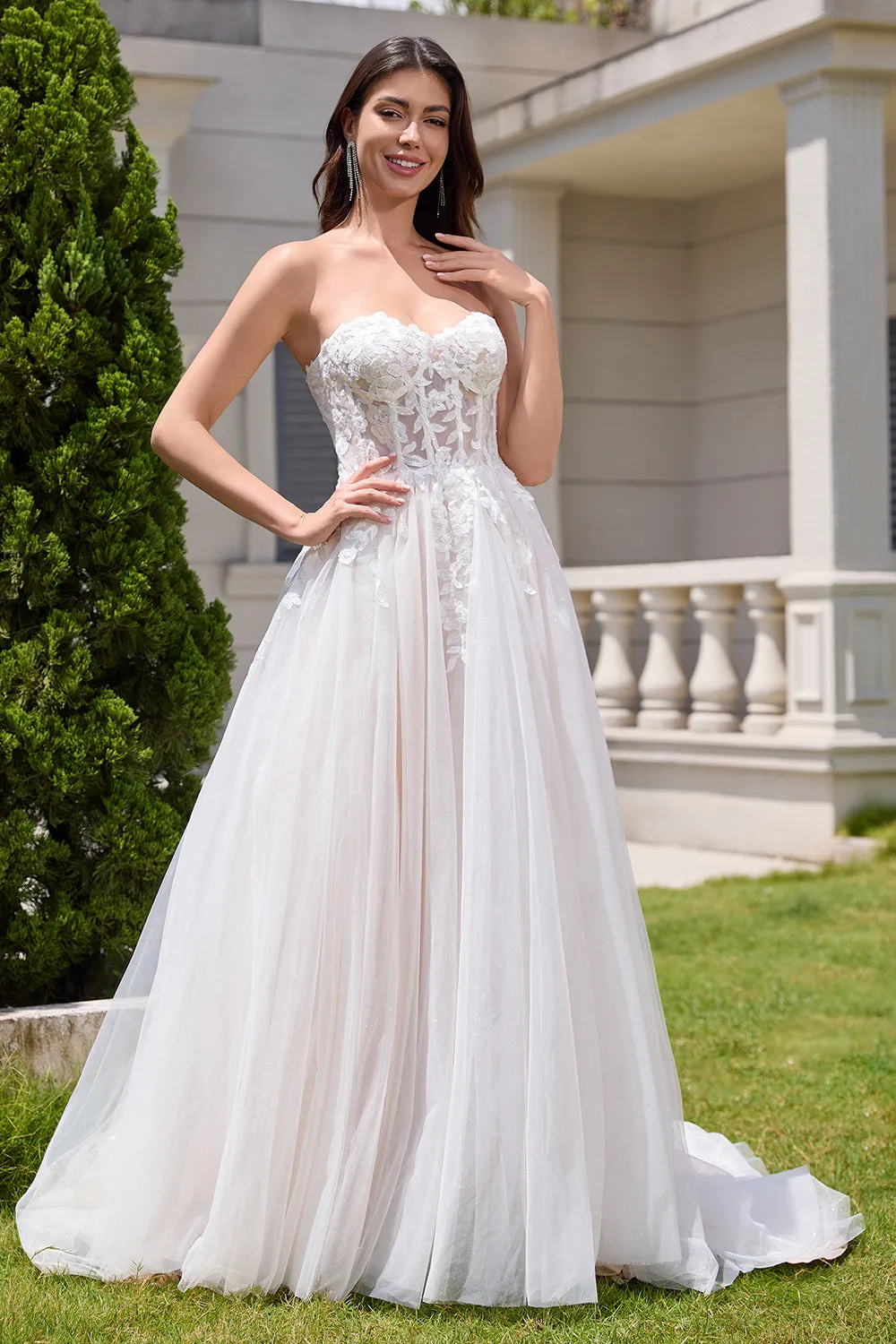Sparkly White A Line Sweetheart Long Wedding Dress with Applique Lace sold by Zapaka product image thumbnail 3