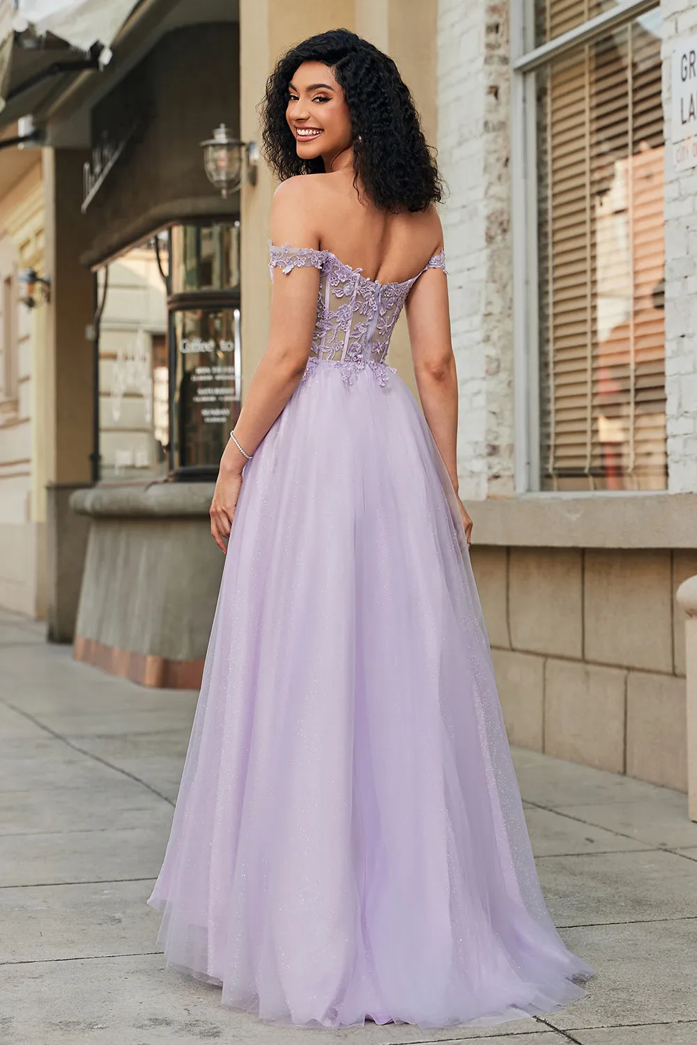 Gorgeous A Line Off the Shoulder Purple Corset Prom Dress with Appliques sold by Zapaka product image thumbnail 2