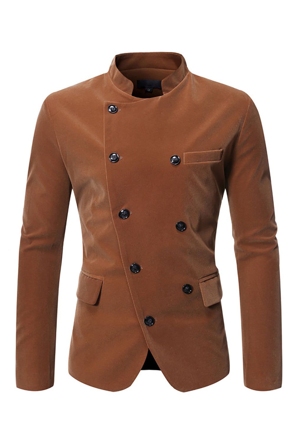 Coffee Double Beasted Stand Collar Men's Blazer sold by Zapaka