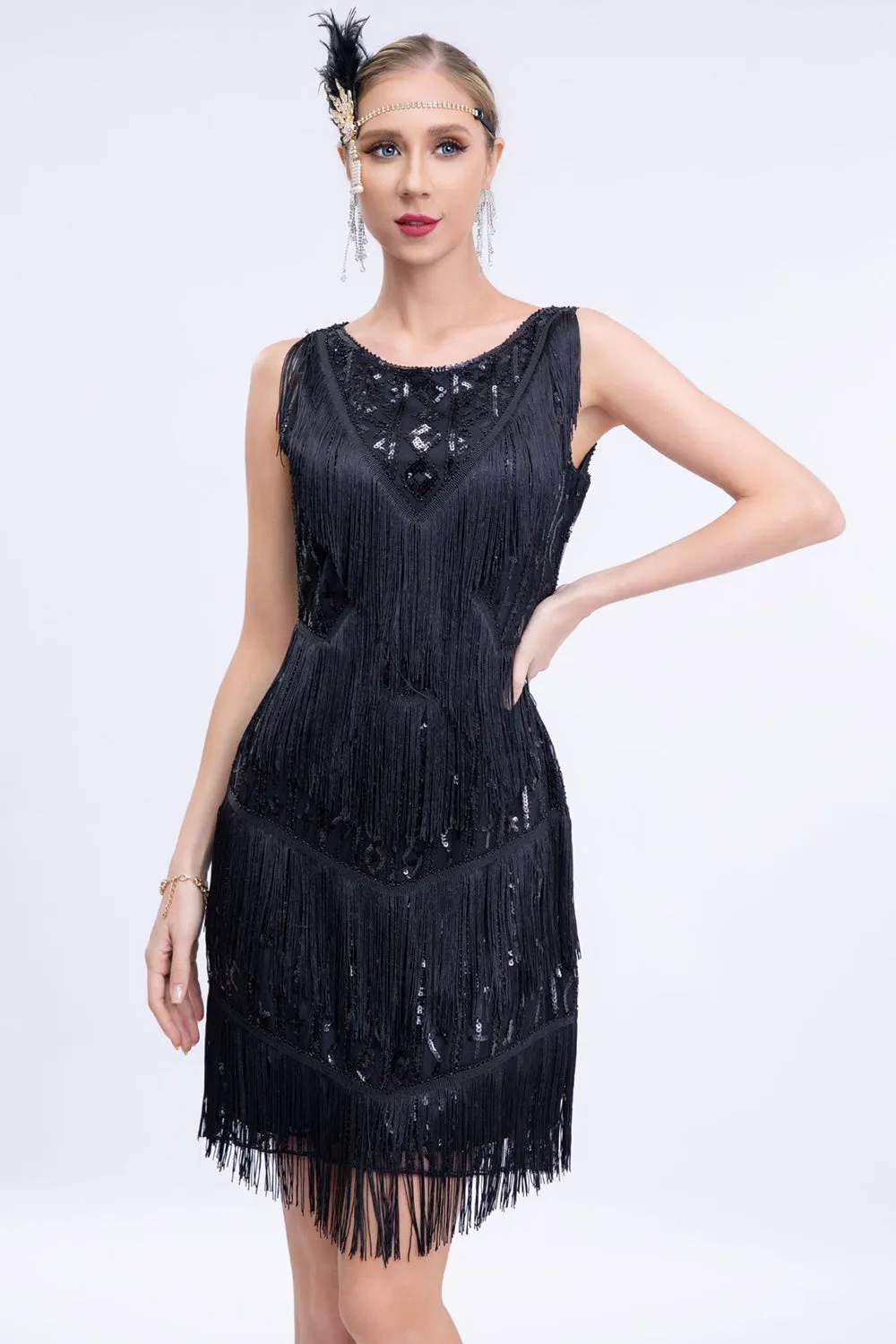 Black Fringed 1920s Gatsby Dress with Sequins sold by Zapaka product image thumbnail 3