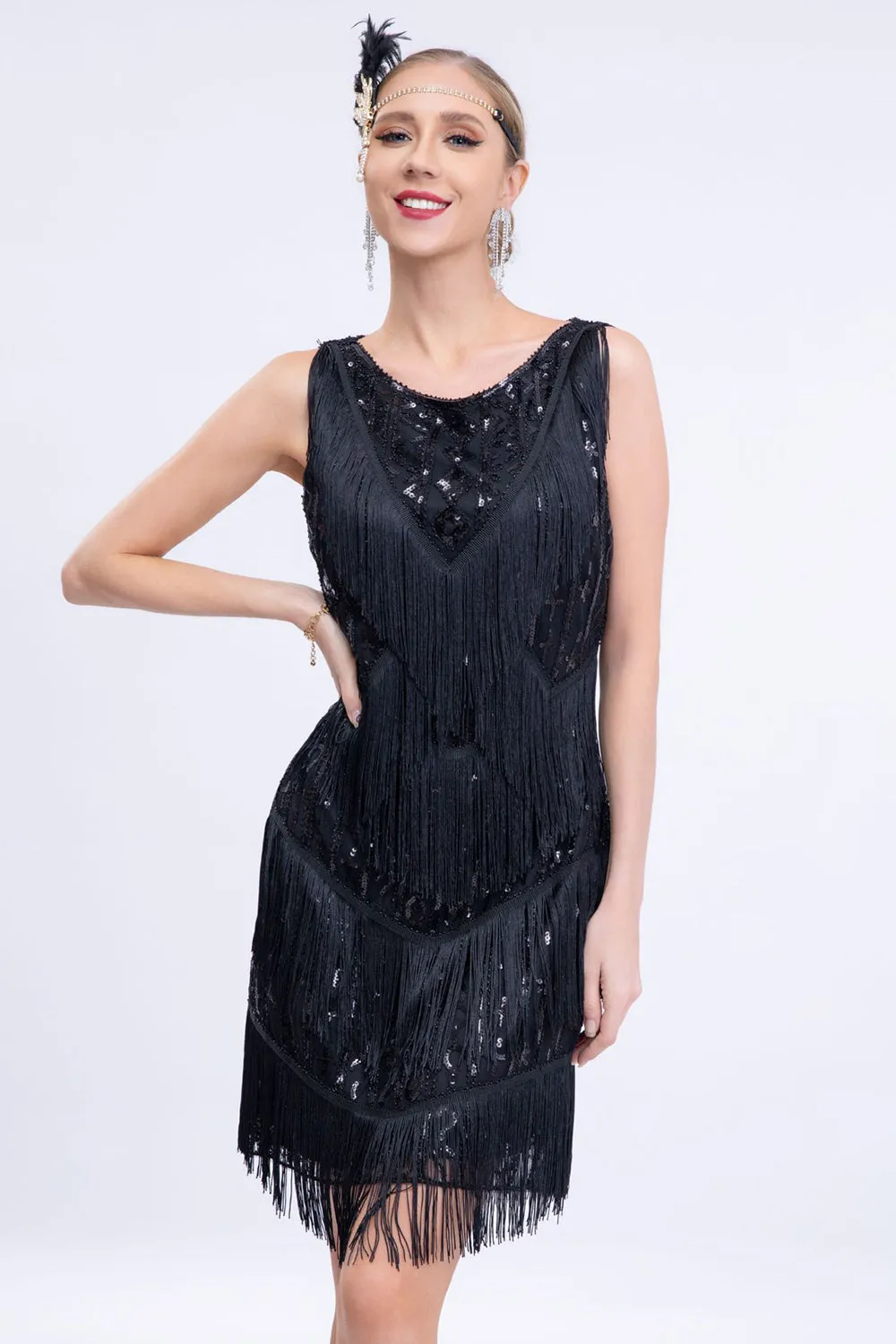 Black Fringed 1920s Gatsby Dress with Sequins sold by Zapaka product image thumbnail 4