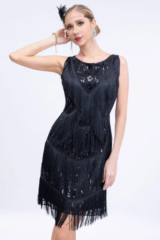 Black Fringed 1920s Gatsby Dress with Sequins sold by Zapaka