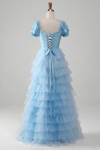 Tulle Sky Blue Tiered Prom Dress with Lace sold by Zapaka