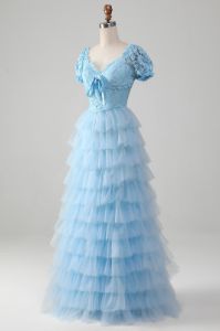 Tulle Sky Blue Tiered Prom Dress with Lace sold by Zapaka