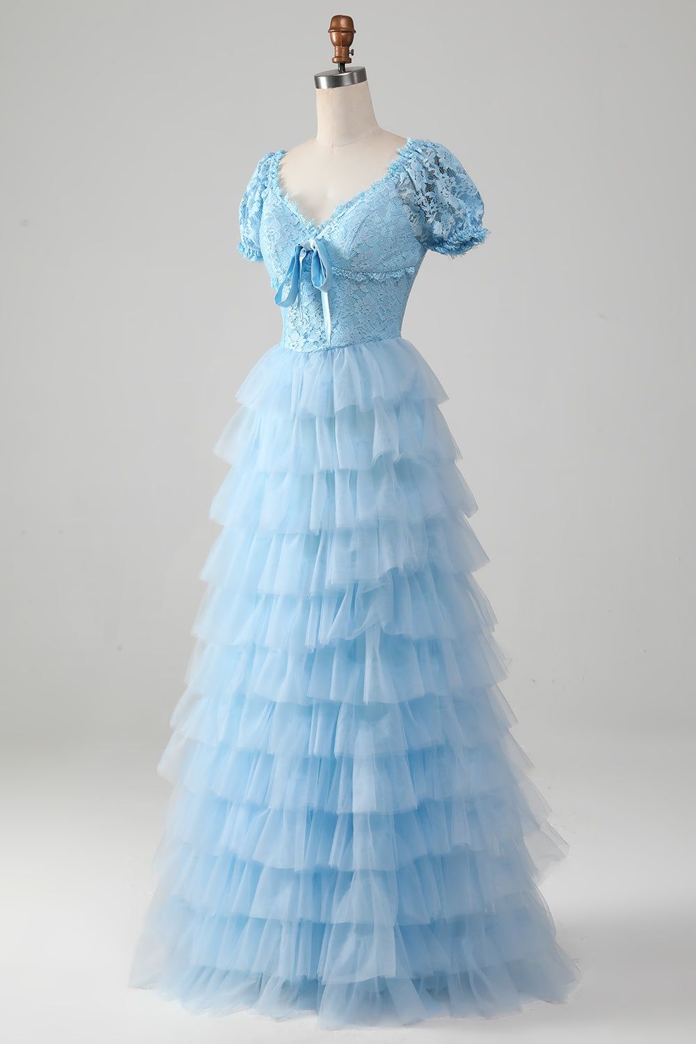 Tulle Sky Blue Tiered Prom Dress with Lace sold by Zapaka product image thumbnail 4