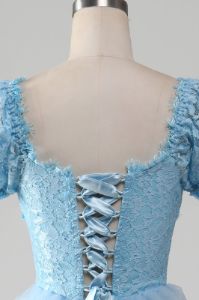 Tulle Sky Blue Tiered Prom Dress with Lace sold by Zapaka