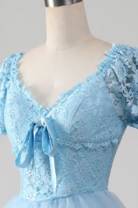 Tulle Sky Blue Tiered Prom Dress with Lace sold by Zapaka