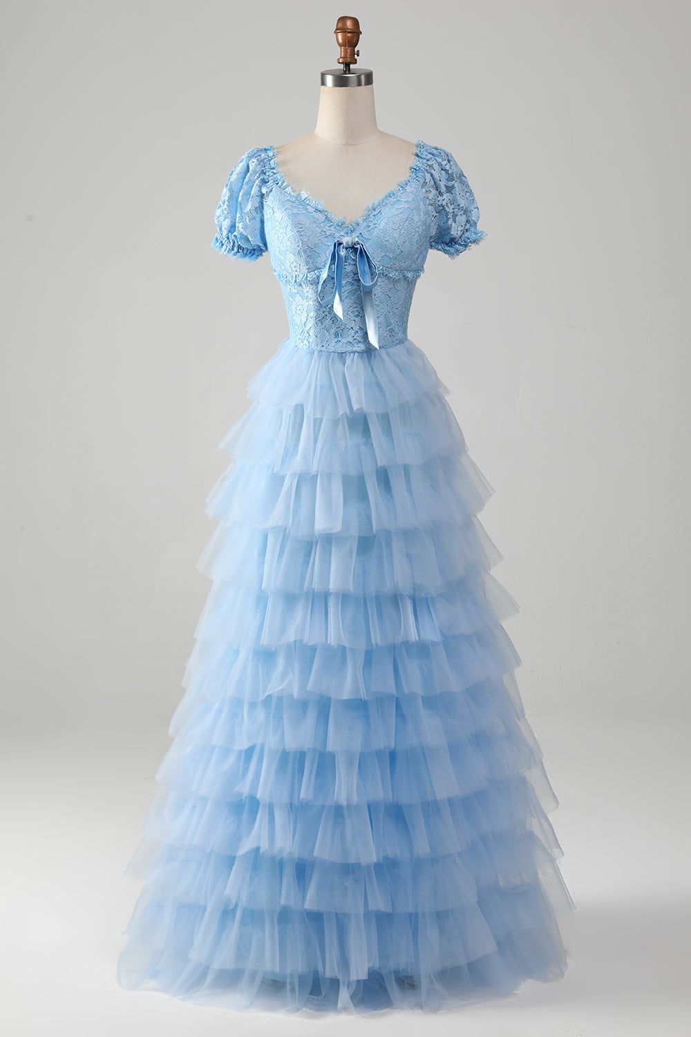 Tulle Sky Blue Tiered Prom Dress with Lace sold by Zapaka
