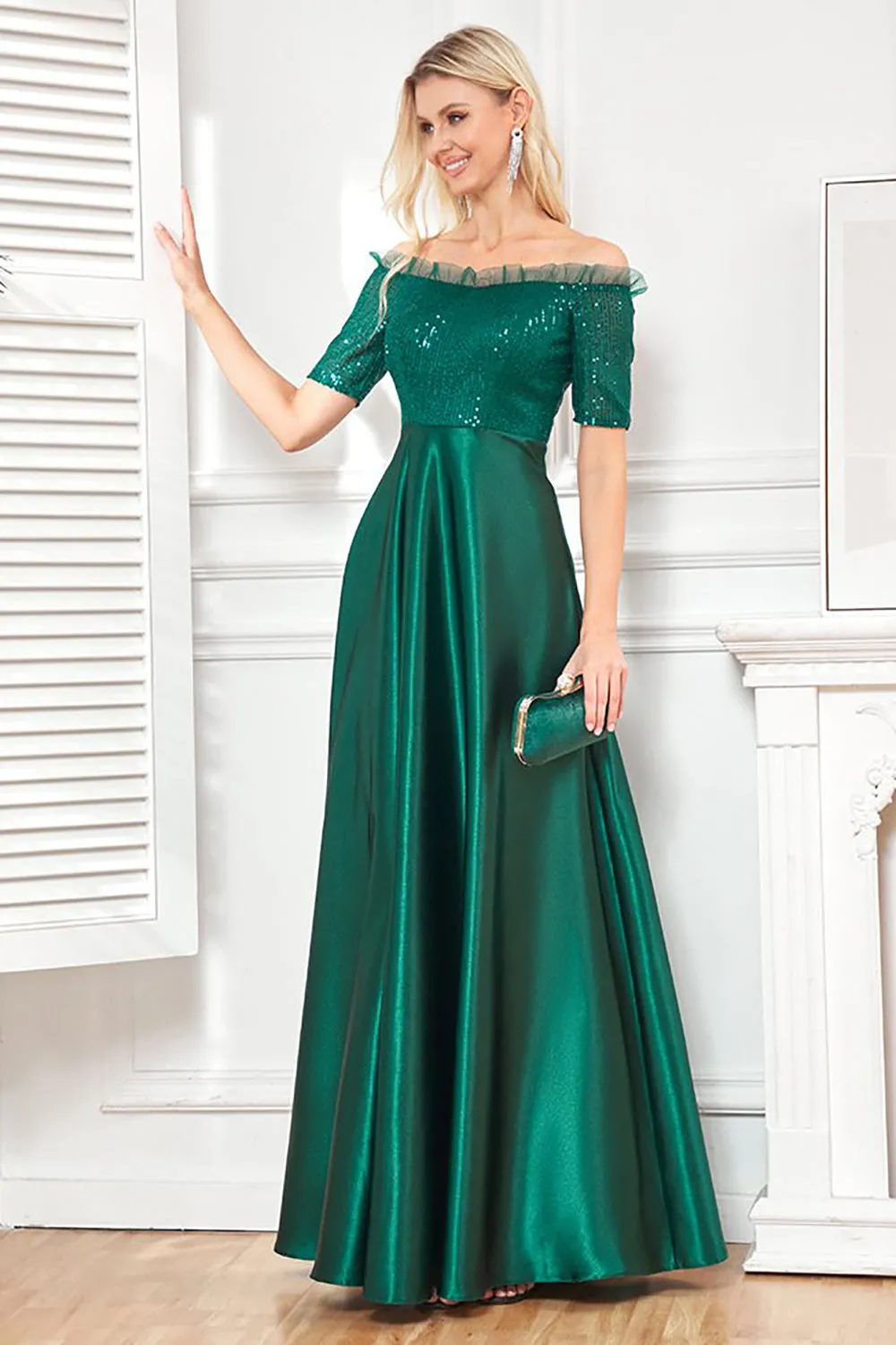 Off the Shoulder Dark Green Sparkly Sequin Long Prom Dress With Slit sold by Zapaka product image thumbnail 3