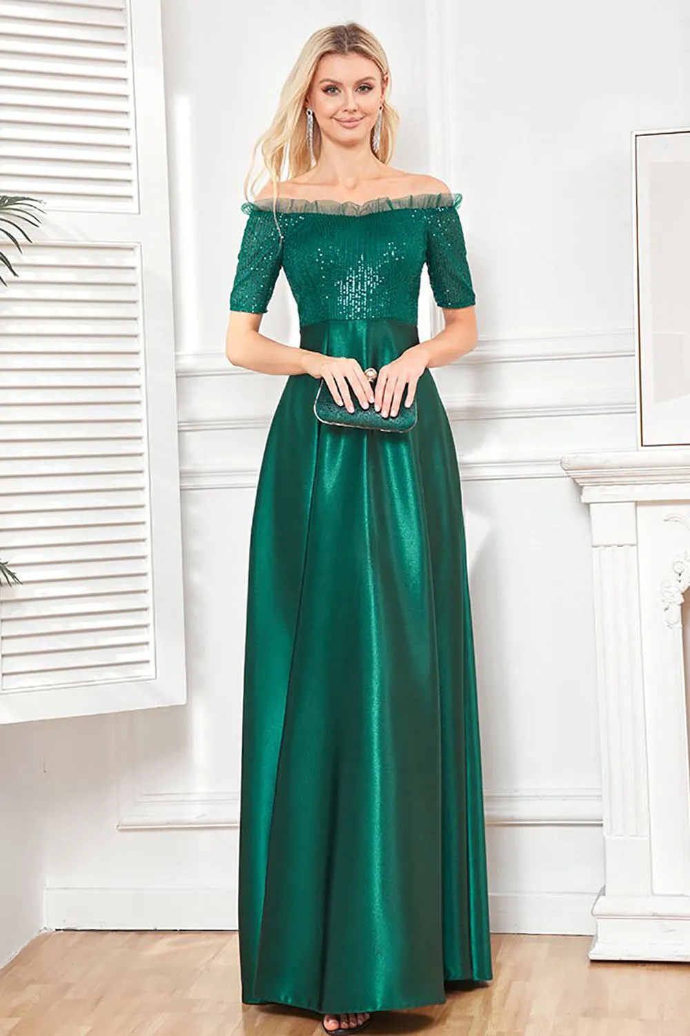 Off the Shoulder Dark Green Sparkly Sequin Long Prom Dress With Slit sold by Zapaka product image thumbnail 4