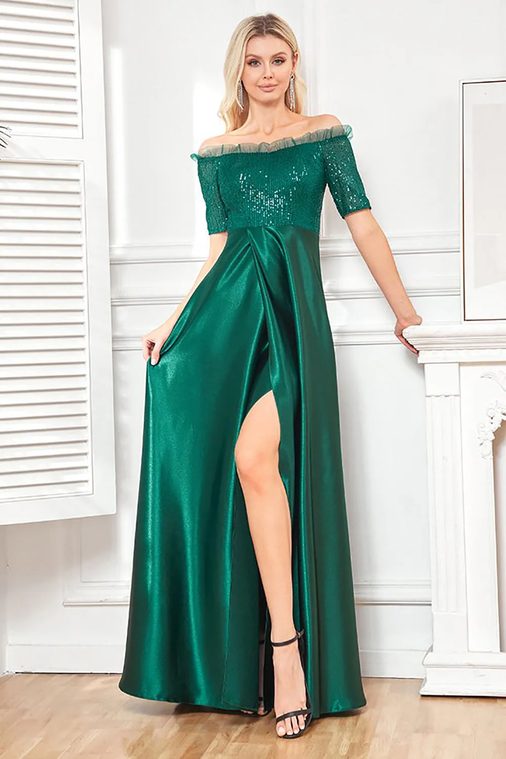 Off the Shoulder Dark Green Sparkly Sequin Long Prom Dress With Slit sold by Zapaka