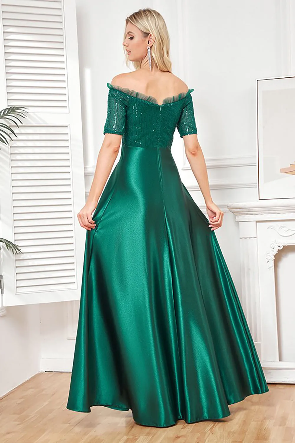 Off the Shoulder Dark Green Sparkly Sequin Long Prom Dress With Slit sold by Zapaka product image thumbnail 2