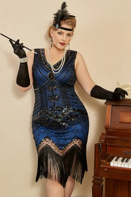 Sequin Royal Blue Plus Size 1920s Flapper Dress sold by Zapaka