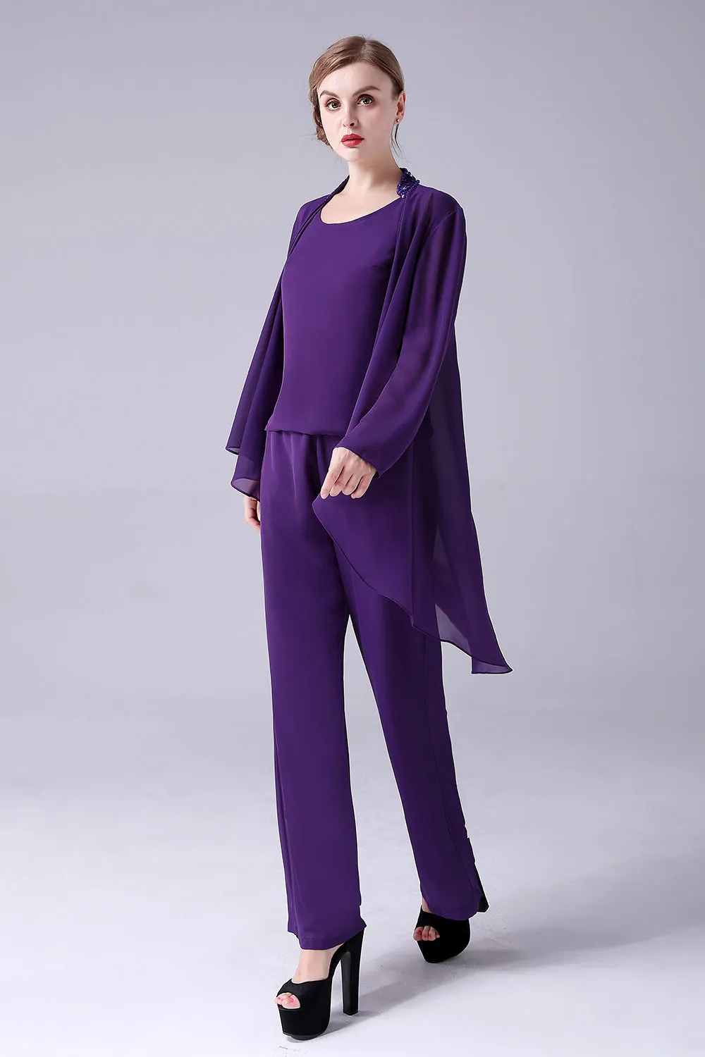 Purple Long Sleeves 3 Pieces Mother of the Bride Pant Suits sold by Zapaka product image thumbnail 3
