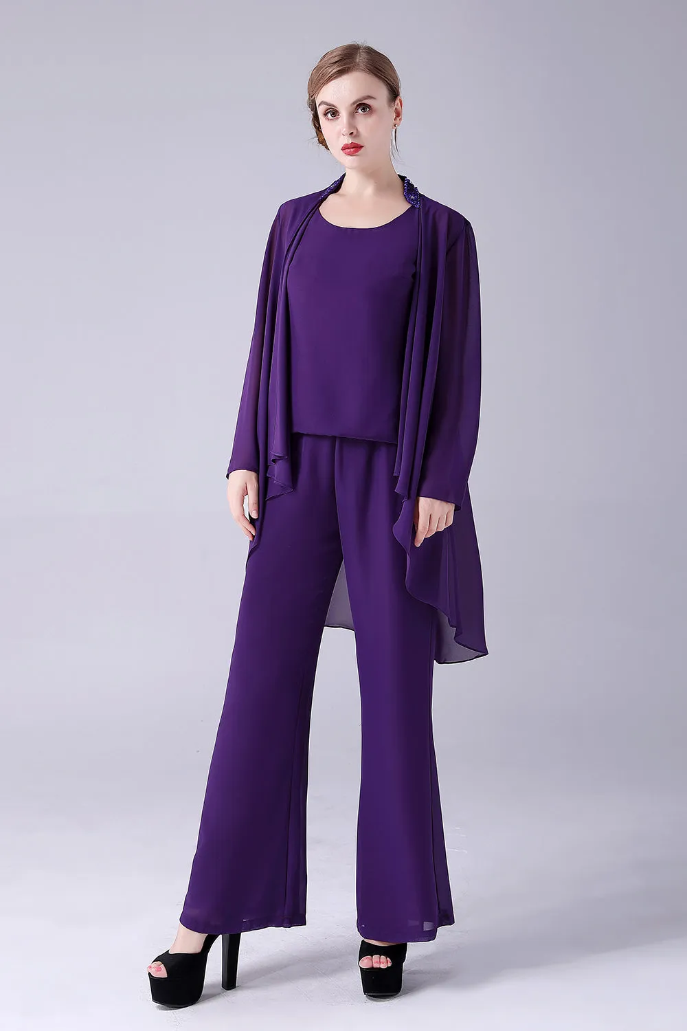 Purple Long Sleeves 3 Pieces Mother of the Bride Pant Suits sold by Zapaka