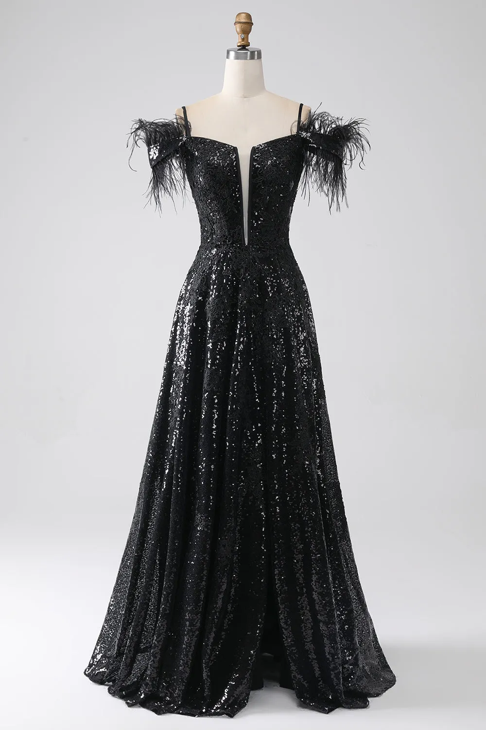 A-Line Cold Shoulder Sequins Long Prom Dress with Slit sold by Zapaka