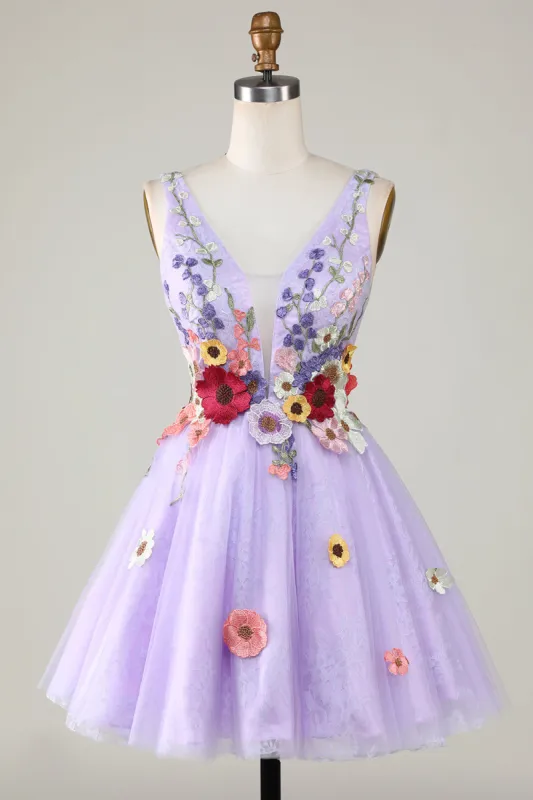 A Line Deep V Neck Open Back Purple Homecoming Dress With 3D Flowers sold by Zapaka