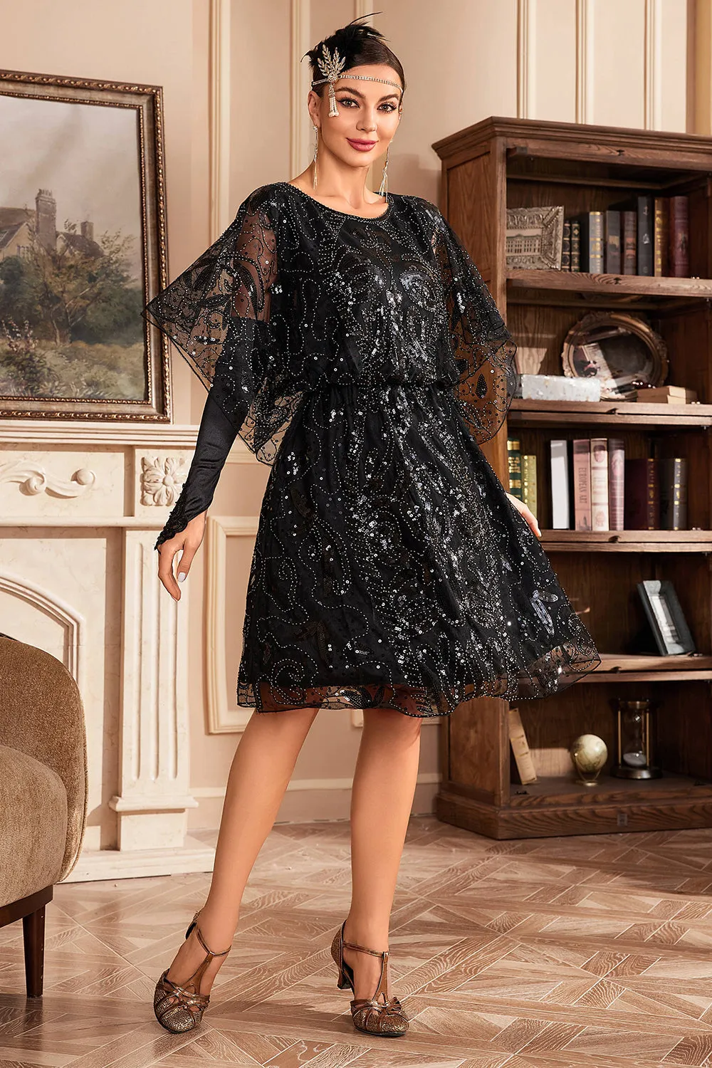 Batwing Sleeves Black Sequins 1920s Dress sold by Zapaka product image thumbnail 4