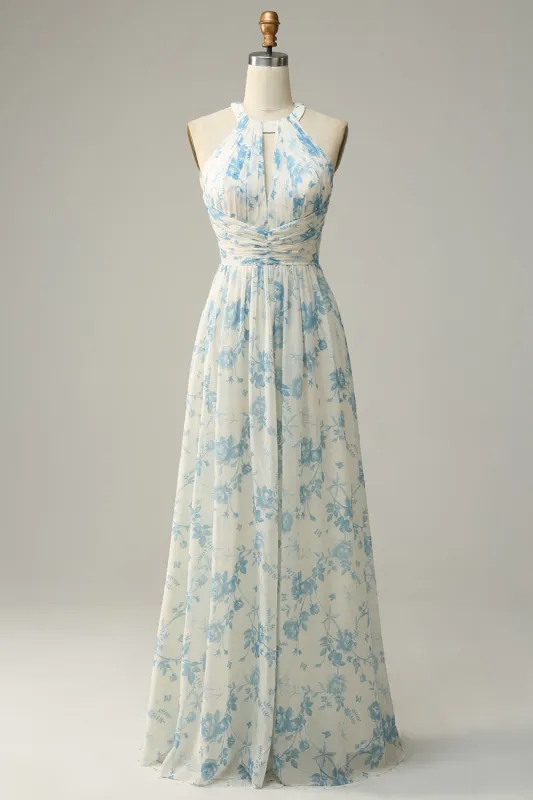 Blue Floral Boho Long Chiffon Bridesmaid Dress sold by Zapaka