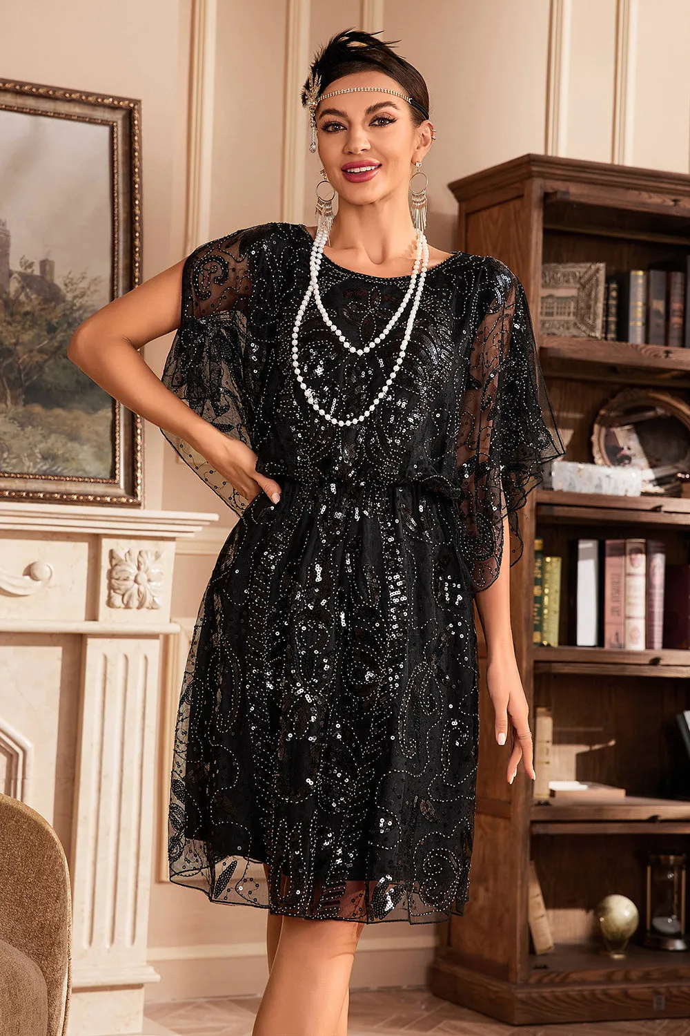 Batwing Sleeves Black Sequins 1920s Dress sold by Zapaka product image thumbnail 5