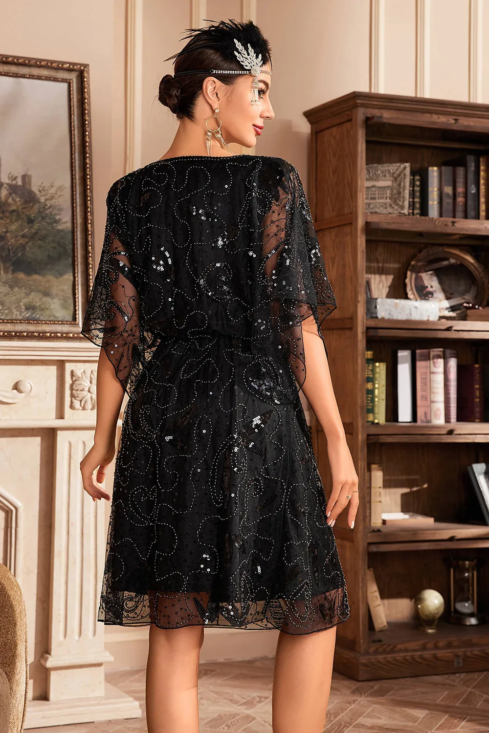 Batwing Sleeves Black Sequins 1920s Dress sold by Zapaka product image thumbnail 2