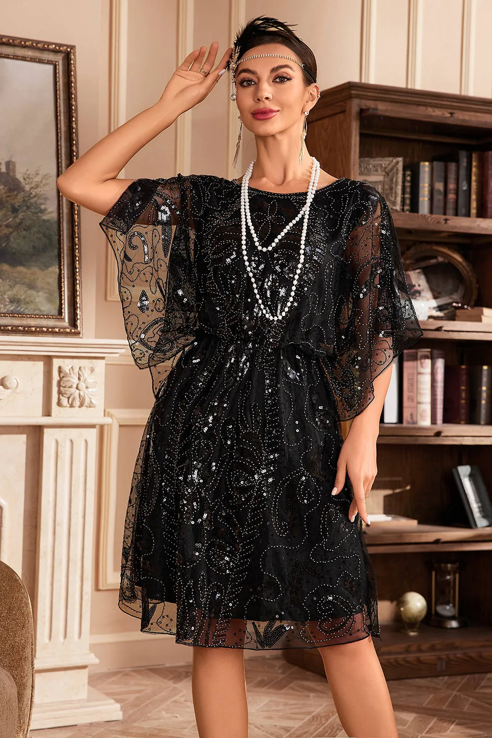 Batwing Sleeves Black Sequins 1920s Dress sold by Zapaka product image thumbnail 3