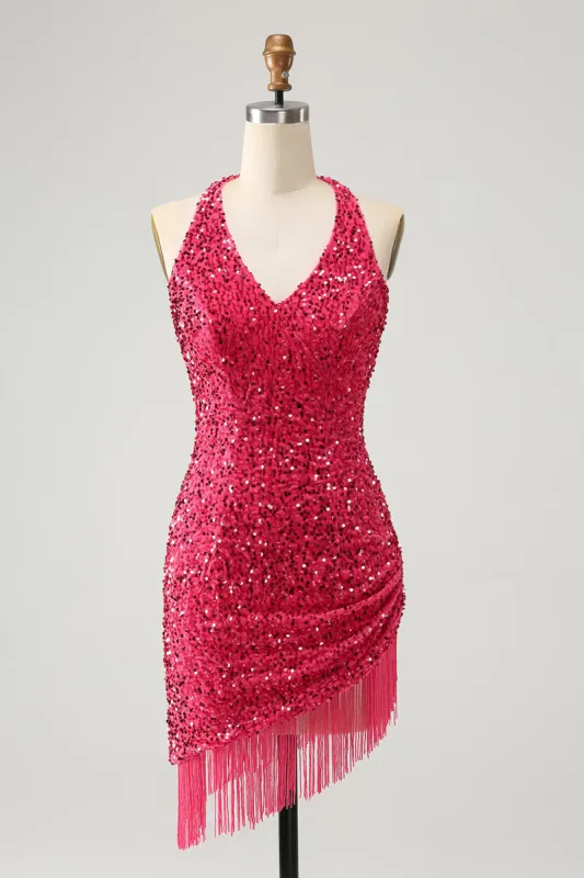 Sparkly Fuchsia Sequins Halter Short Bodycon Homecoming Dress with Tassels sold by Zapaka