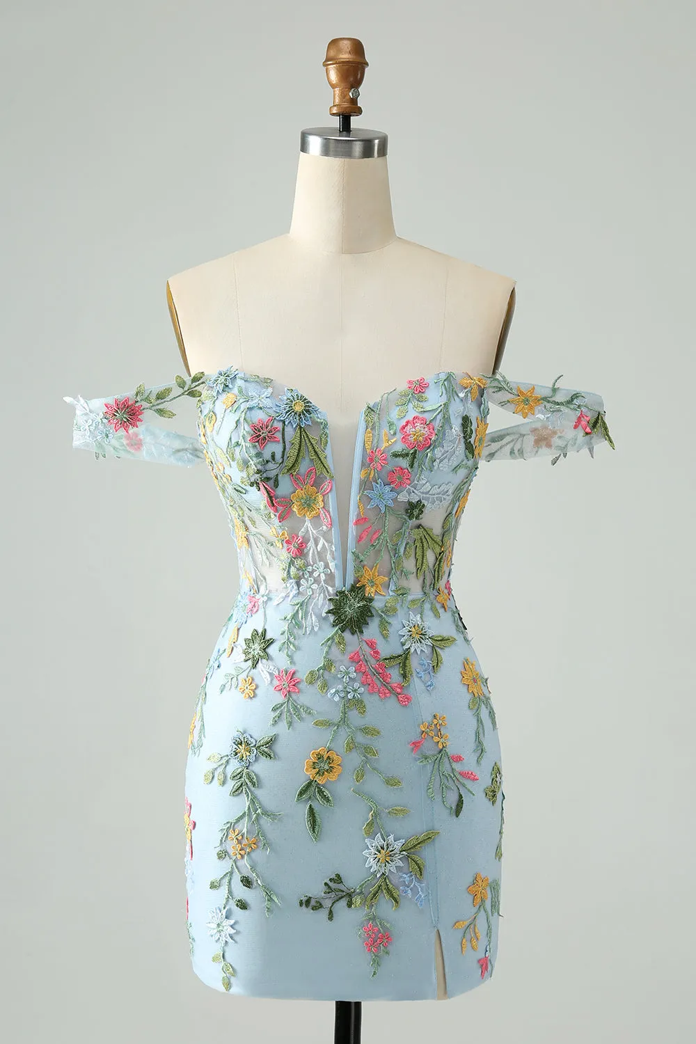 Blue Flower Bodycon Spaghetti Straps Embroidered Short Homecoming Dress sold by Zapaka