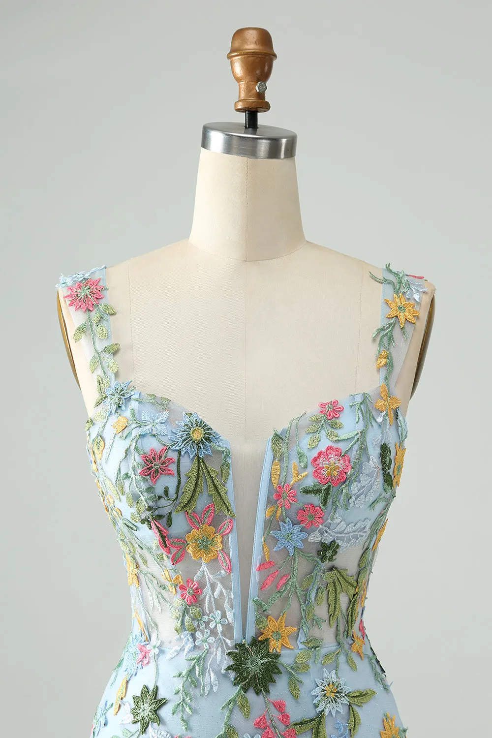 Blue Flower Bodycon Spaghetti Straps Embroidered Short Homecoming Dress sold by Zapaka product image thumbnail 5