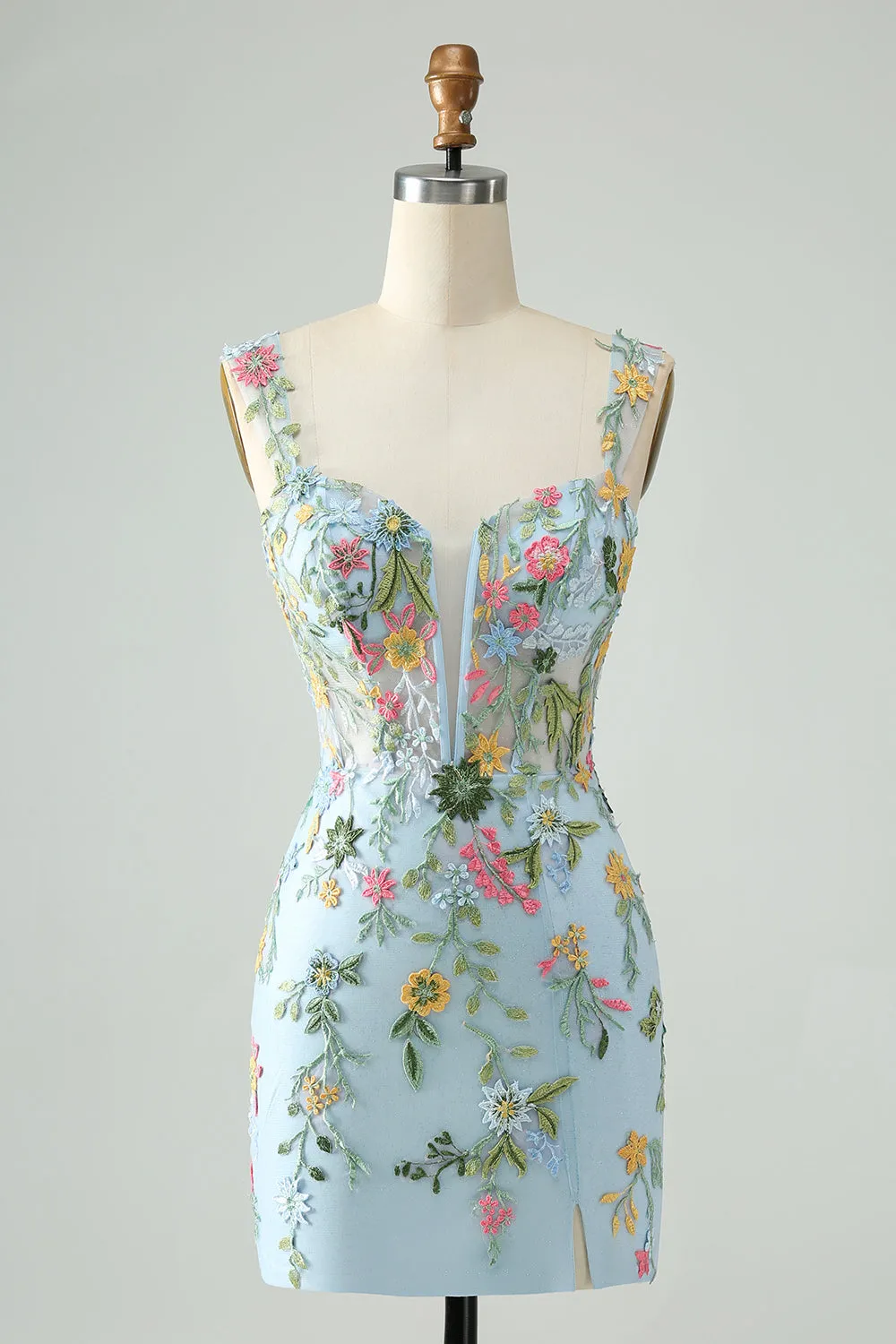 Blue Flower Bodycon Spaghetti Straps Embroidered Short Homecoming Dress sold by Zapaka product image thumbnail 3