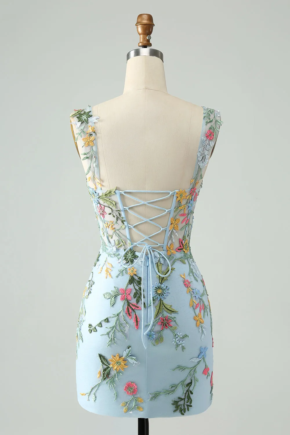 Blue Flower Bodycon Spaghetti Straps Embroidered Short Homecoming Dress sold by Zapaka product image thumbnail 4