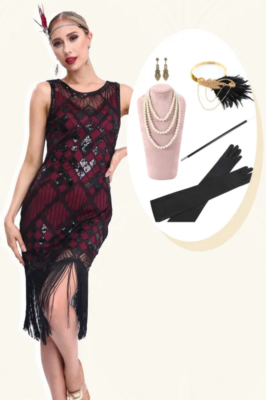 Sparkly Black Red Fringed 1920s Gatsby Dress with 20s Accessories Set sold by Zapaka