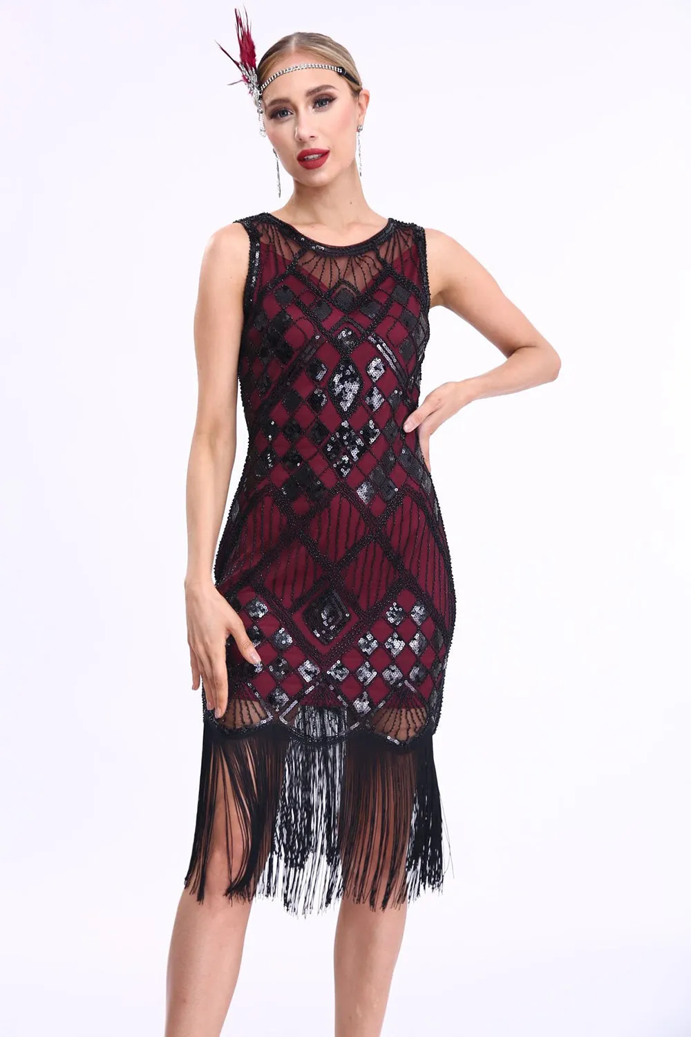 Sparkly Black Red Fringed 1920s Gatsby Dress with 20s Accessories Set sold by Zapaka product image thumbnail 2