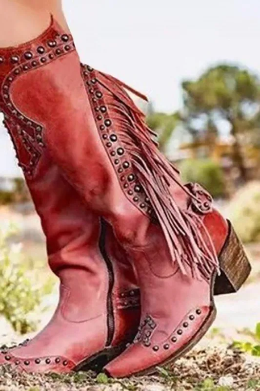 Dark Red Fringed Mid-Calf Boots sold by Zapaka