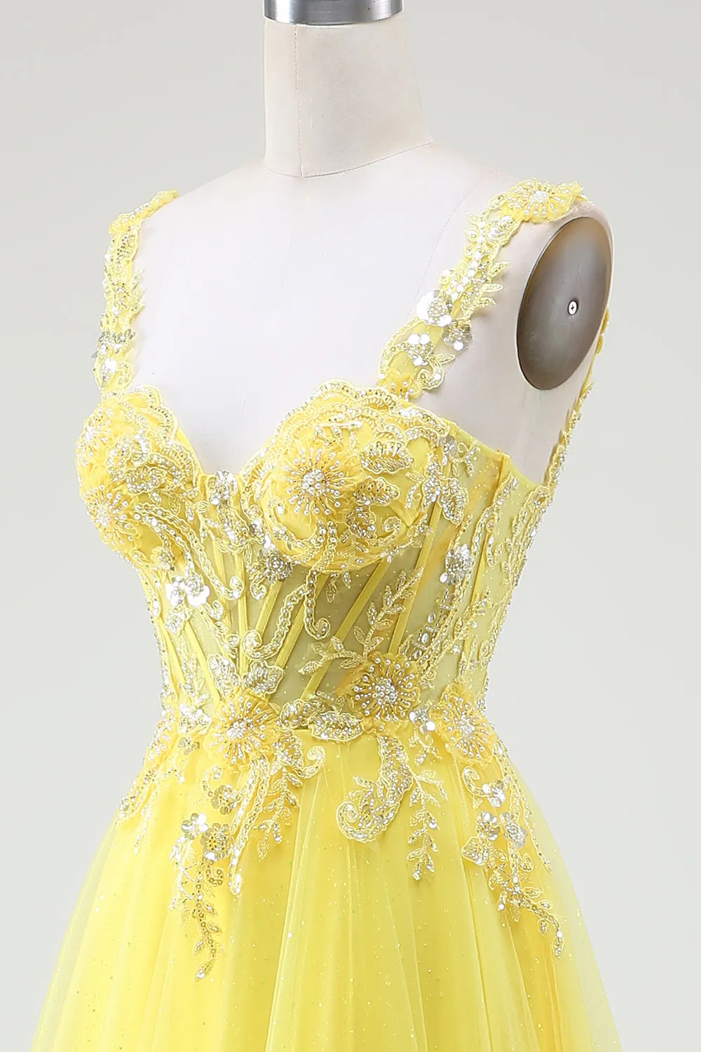 Tulle Beaded Yellow Corset Prom Dress with Slit sold by Zapaka product image thumbnail 5