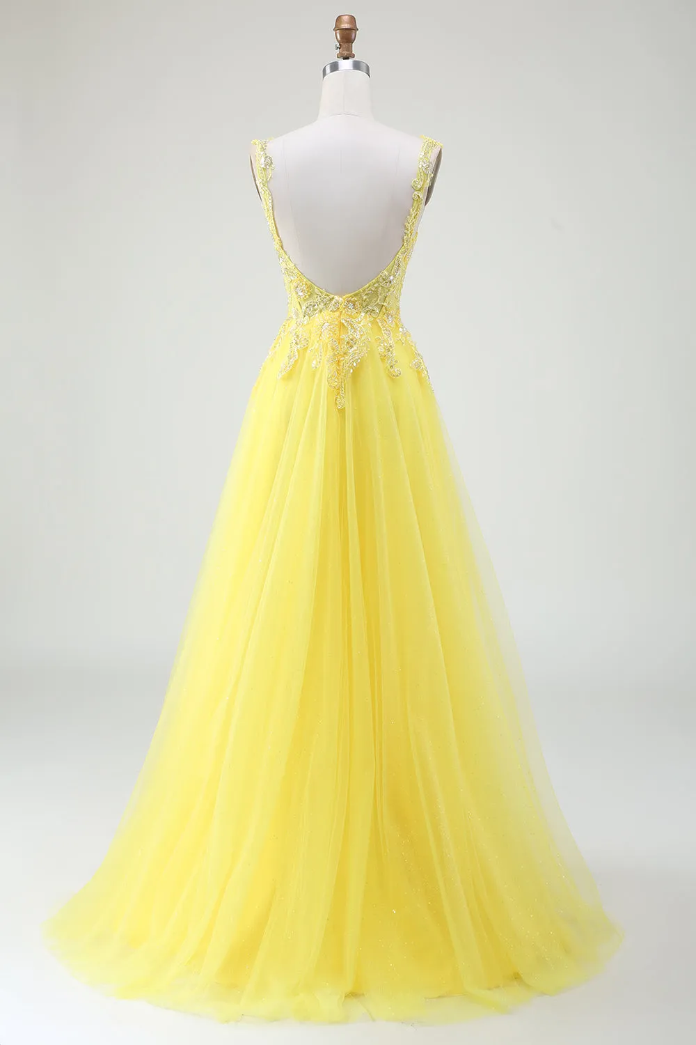 Tulle Beaded Yellow Corset Prom Dress with Slit sold by Zapaka product image thumbnail 2