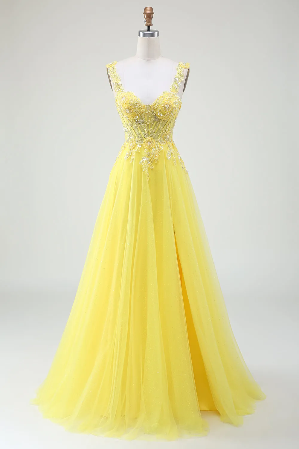 Tulle Beaded Yellow Corset Prom Dress with Slit sold by Zapaka
