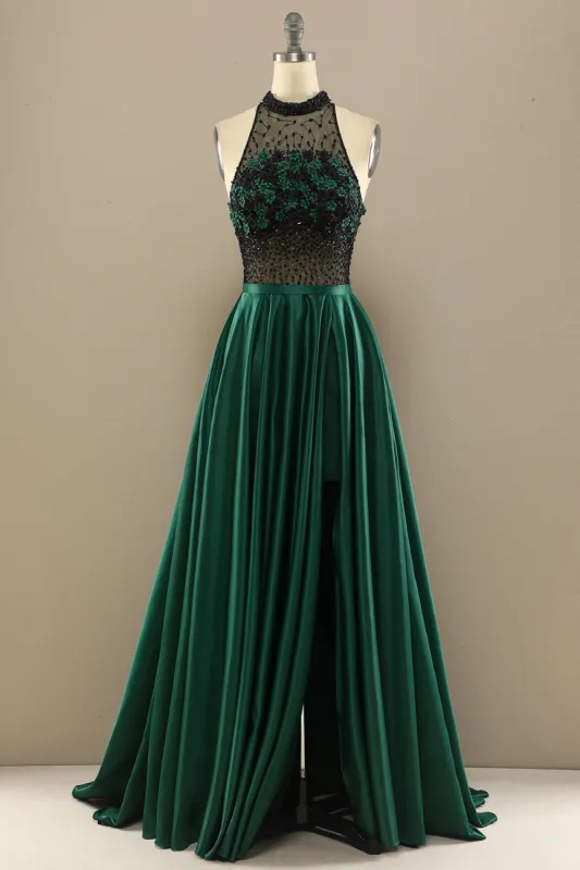 Dark Green Long Beaded Prom Dress With Flowers sold by Zapaka