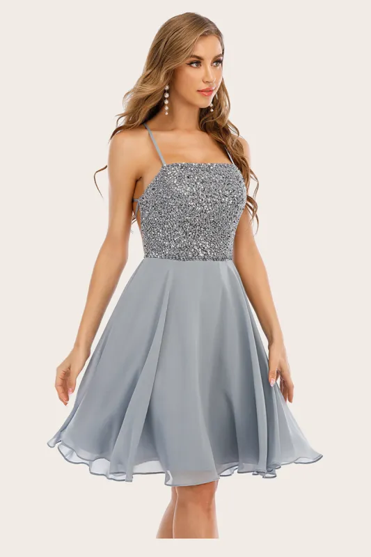 Grey Beaded Short Homecoming Dress sold by Zapaka