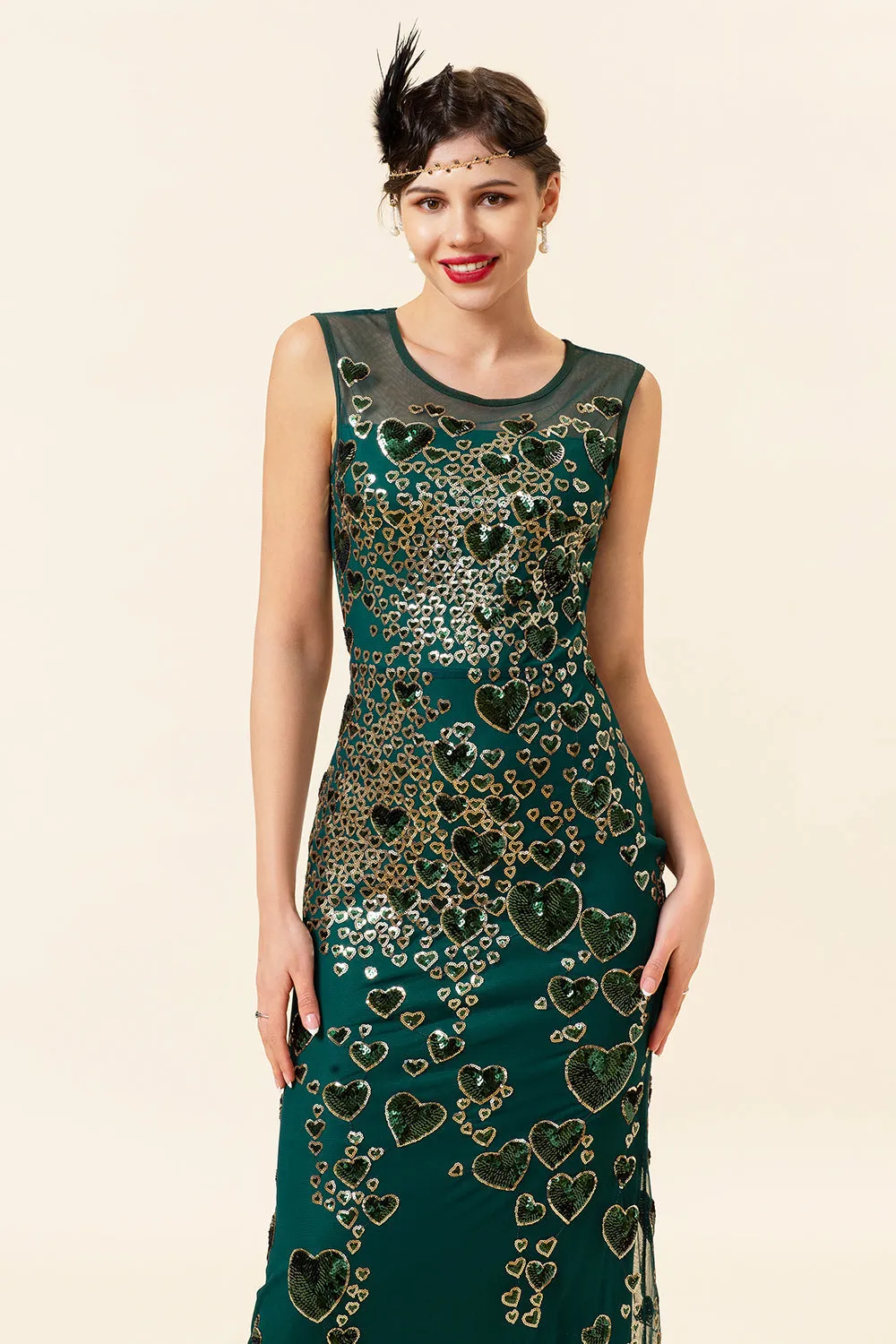 Sheath Round Neck Dark Green Love Heart Beaded Gatsby 1920s Dress sold by Zapaka product image thumbnail 3
