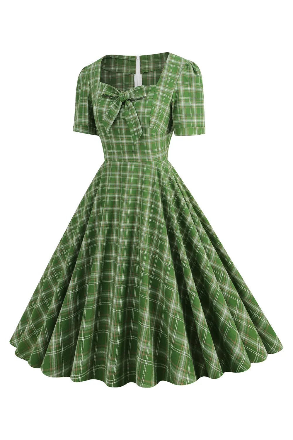 Green Plaid Short Sleeves 1950s Dress With Bowknot sold by Zapaka product image thumbnail 3