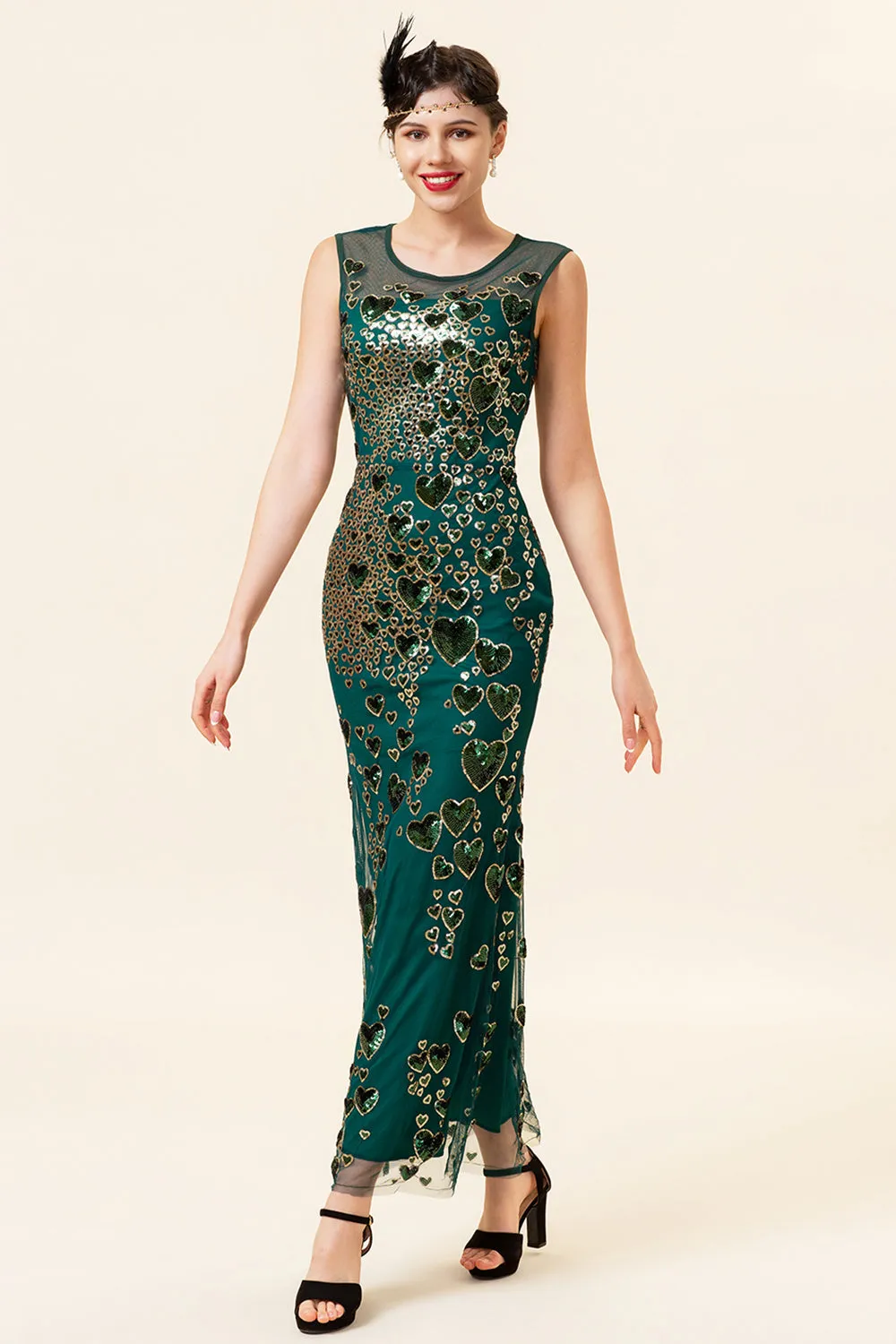 Sheath Round Neck Dark Green Love Heart Beaded Gatsby 1920s Dress sold by Zapaka product image thumbnail 4