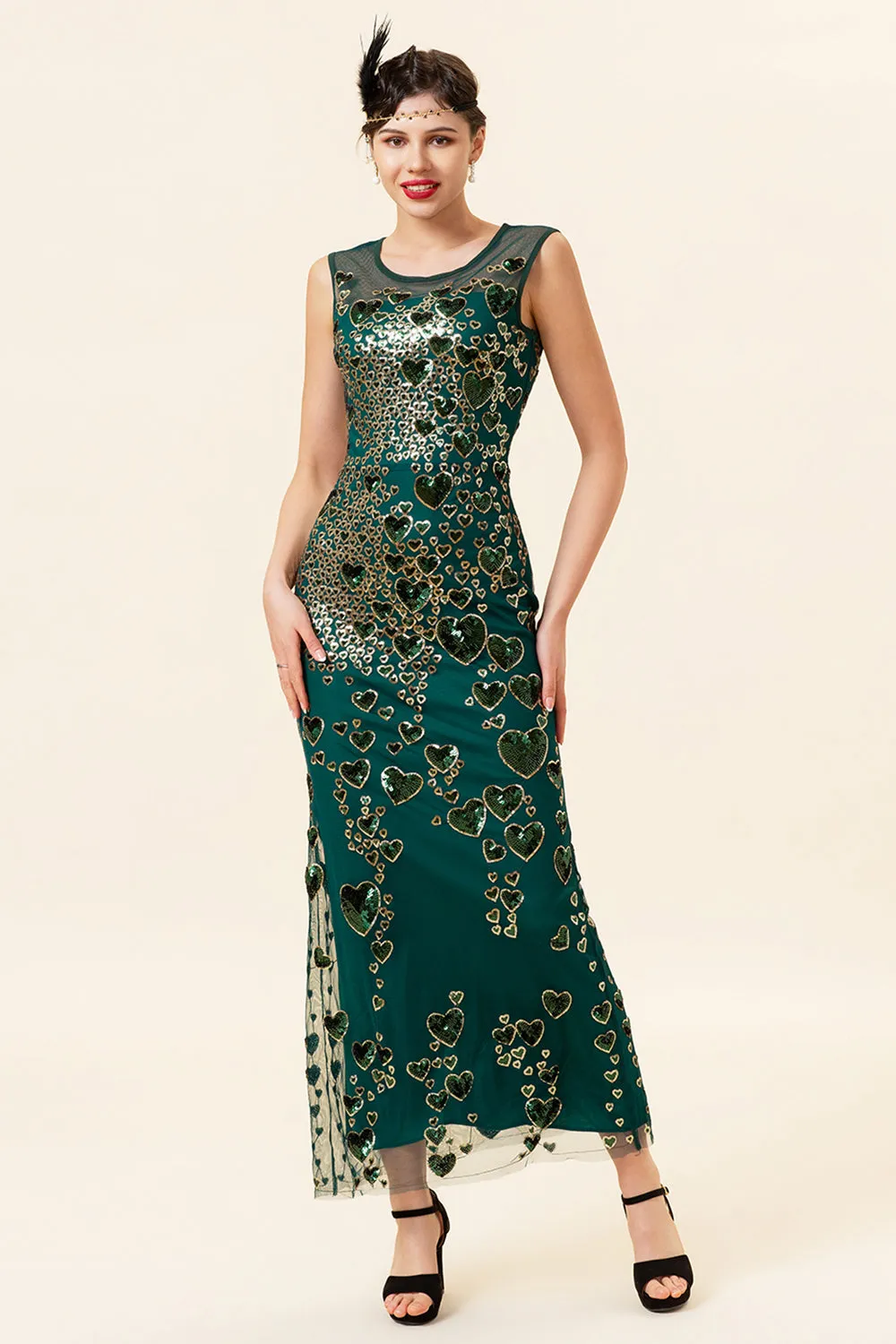 Sheath Round Neck Dark Green Love Heart Beaded Gatsby 1920s Dress sold by Zapaka