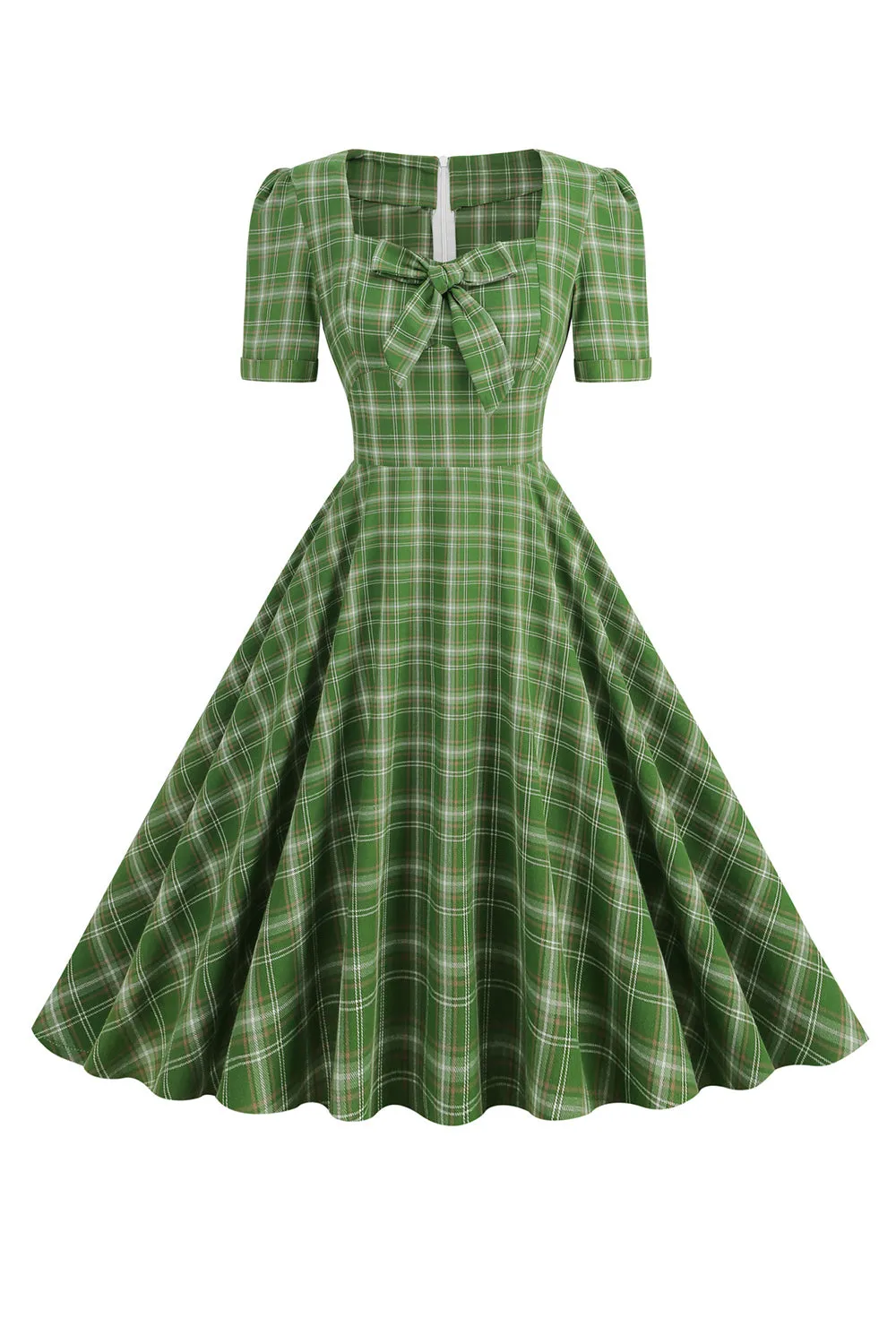 Green Plaid Short Sleeves 1950s Dress With Bowknot sold by Zapaka