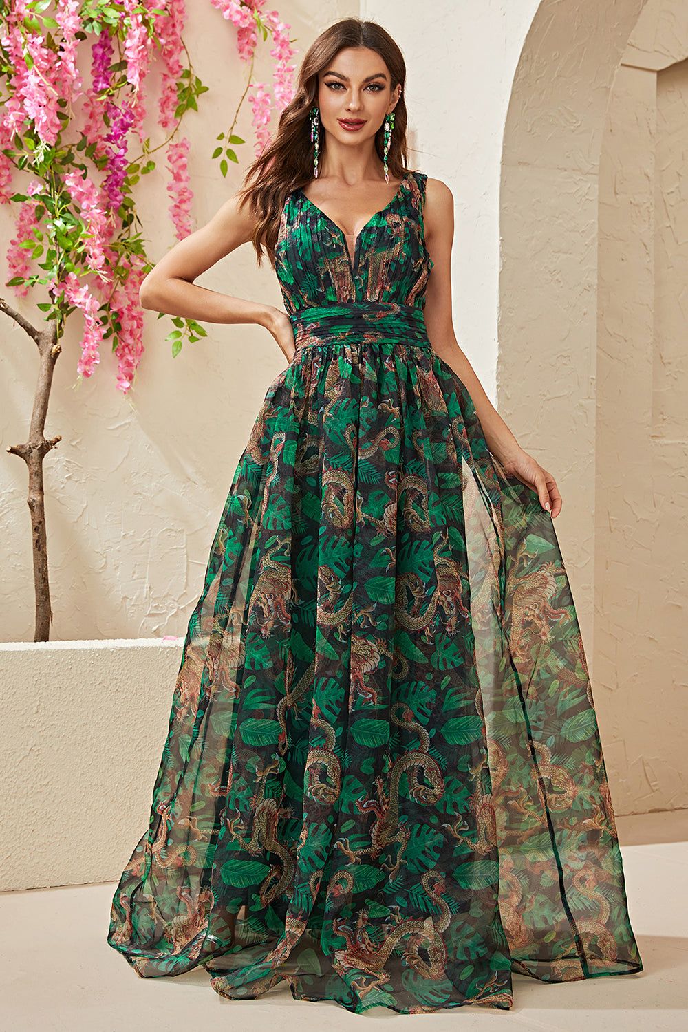 A-Line Green Printed V-Neck Long Prom Dress sold by Zapaka product image thumbnail 3