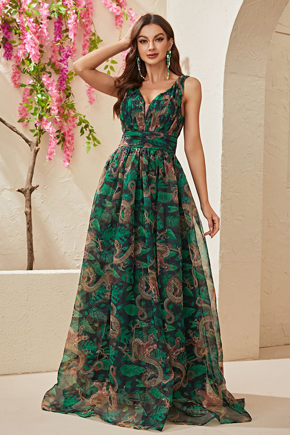 A-Line Green Printed V-Neck Long Prom Dress sold by Zapaka