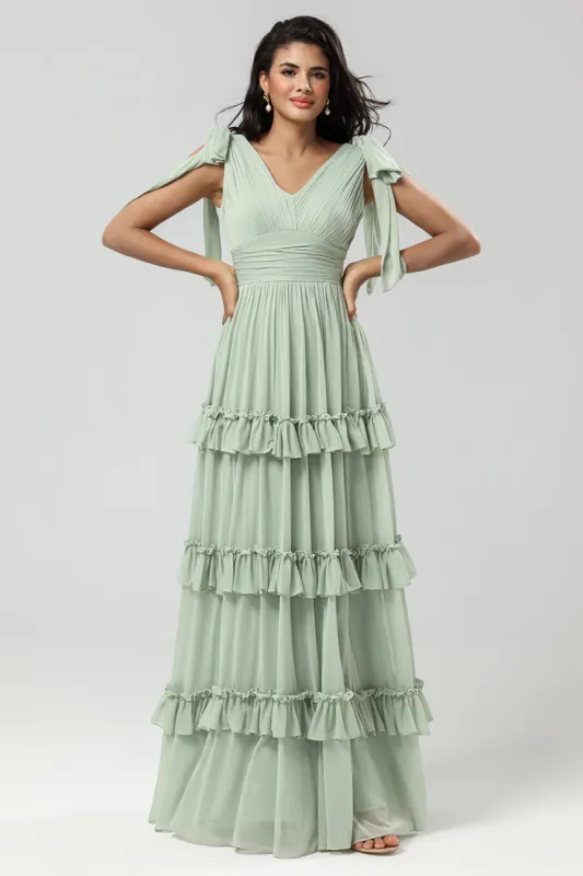 A Line Chiffon Green Bridesmaid Dress with Pleated sold by Zapaka
