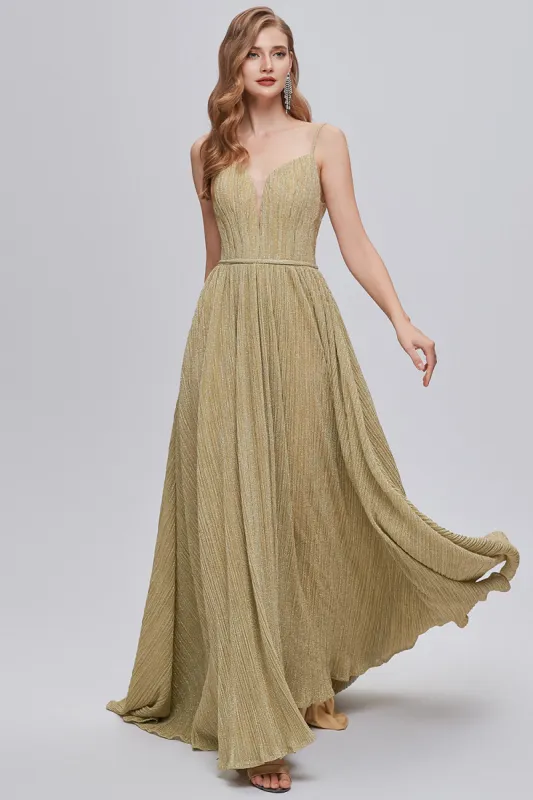 Golden Ruched A-Line Long Prom Dress sold by Zapaka