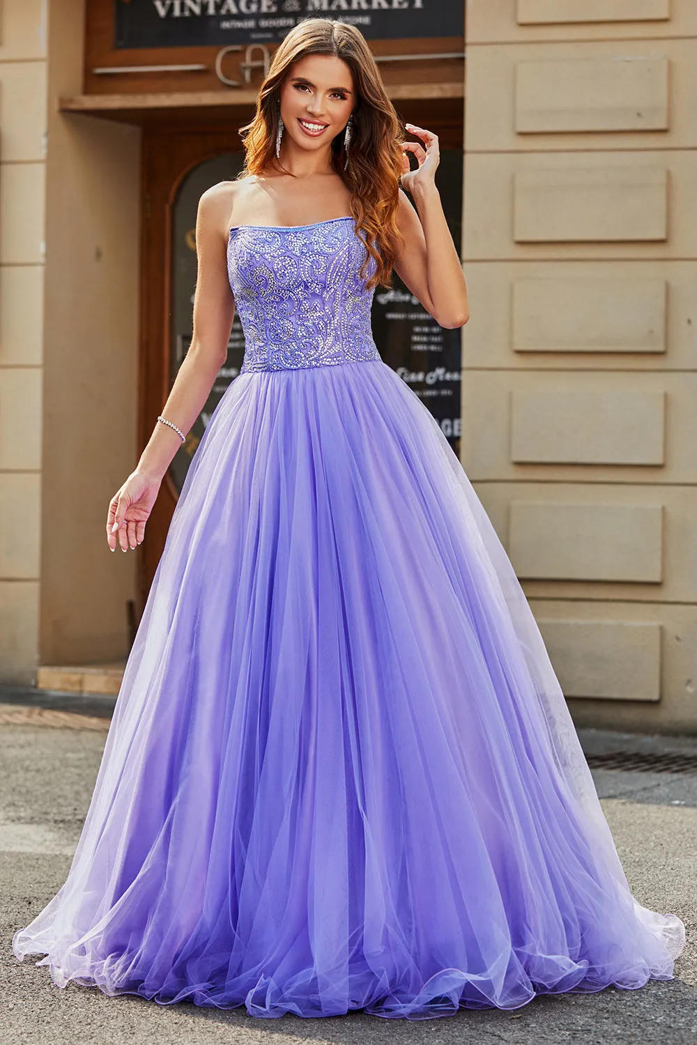 Stunning A Line Strapless Lilac Long Prom Dress with Beading sold by Zapaka
