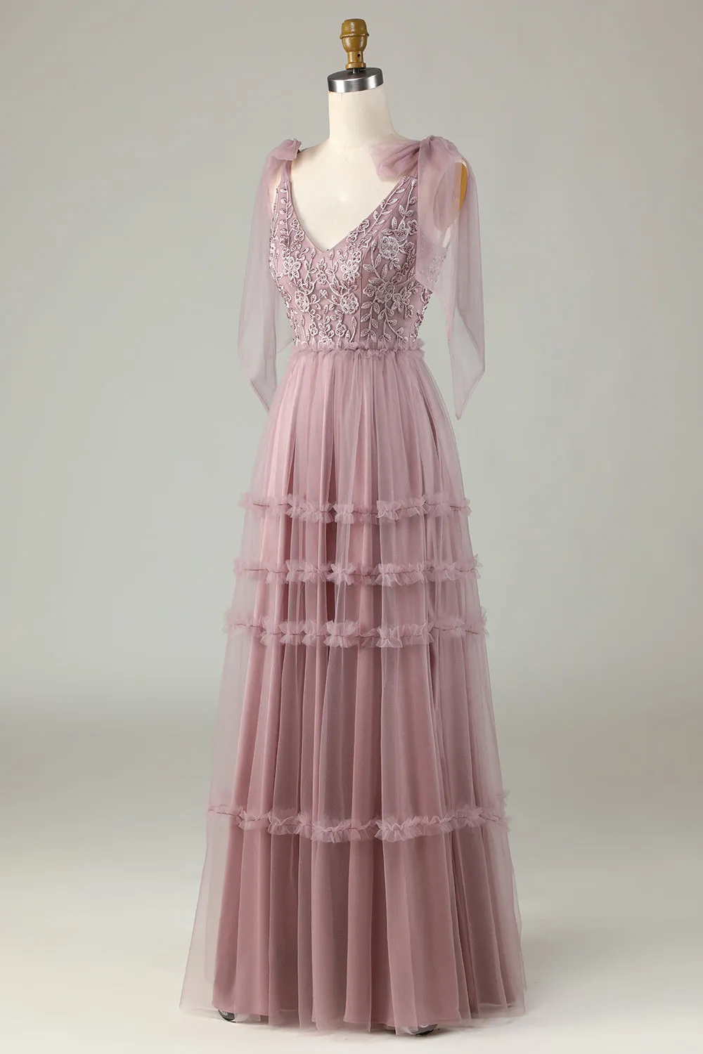 Tulle V-Neck Dusty Pink Bridesmaid Dress with Beading sold by Zapaka product image thumbnail 3